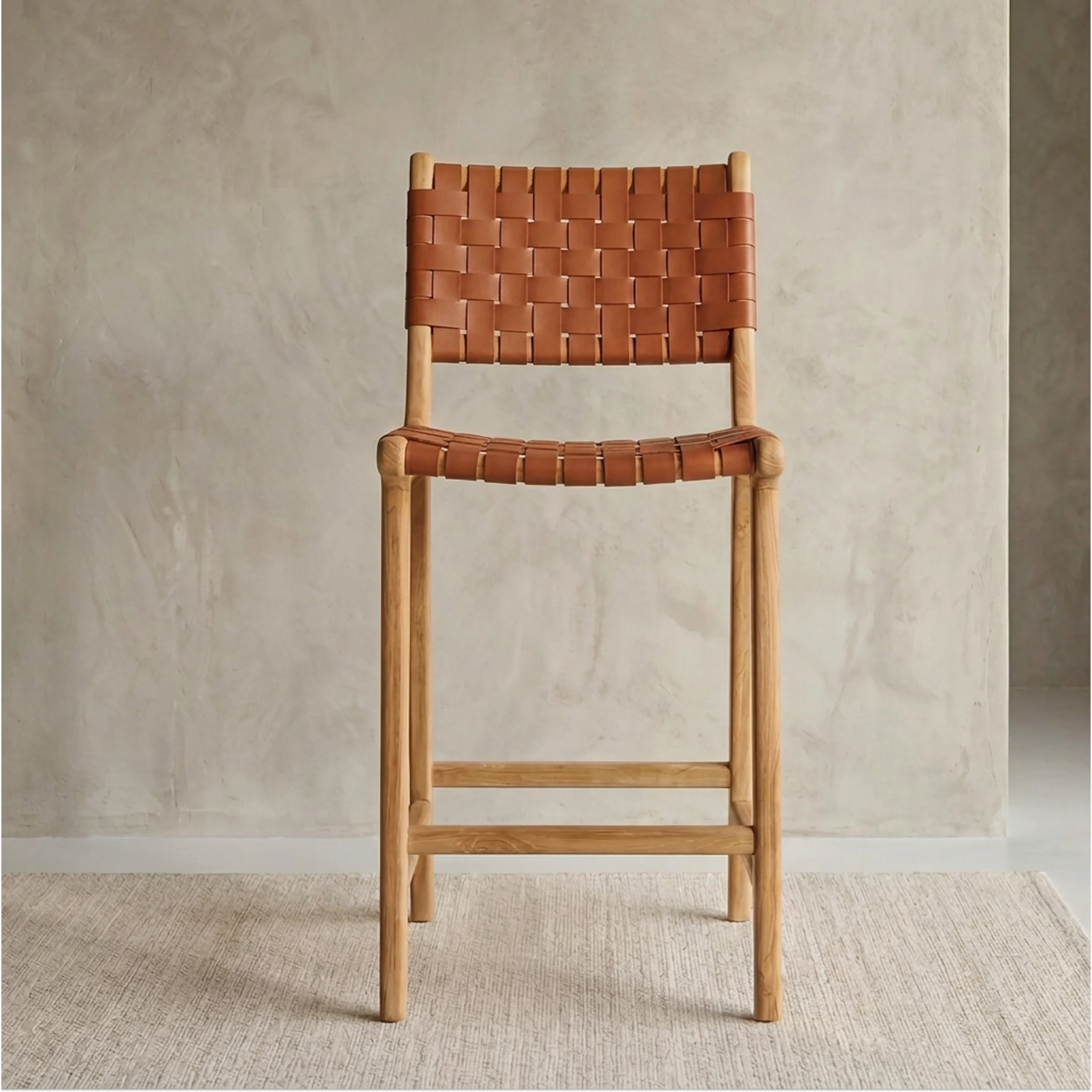 Banda Teak & Leather Counter Height Stool | Fauve Tan - Image 2