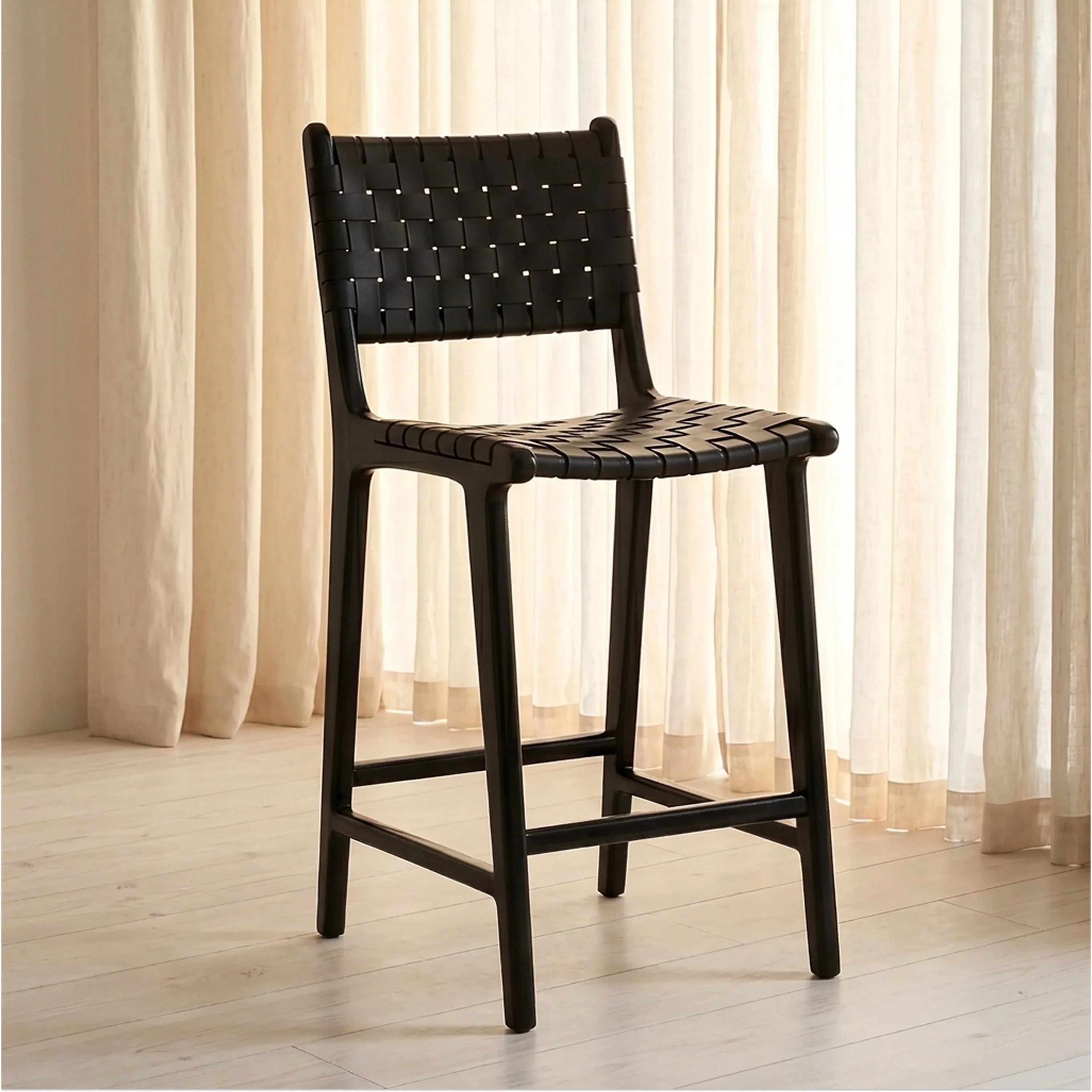 Banda Teak & Leather Counter Height Stool | Havana Black - Image 2