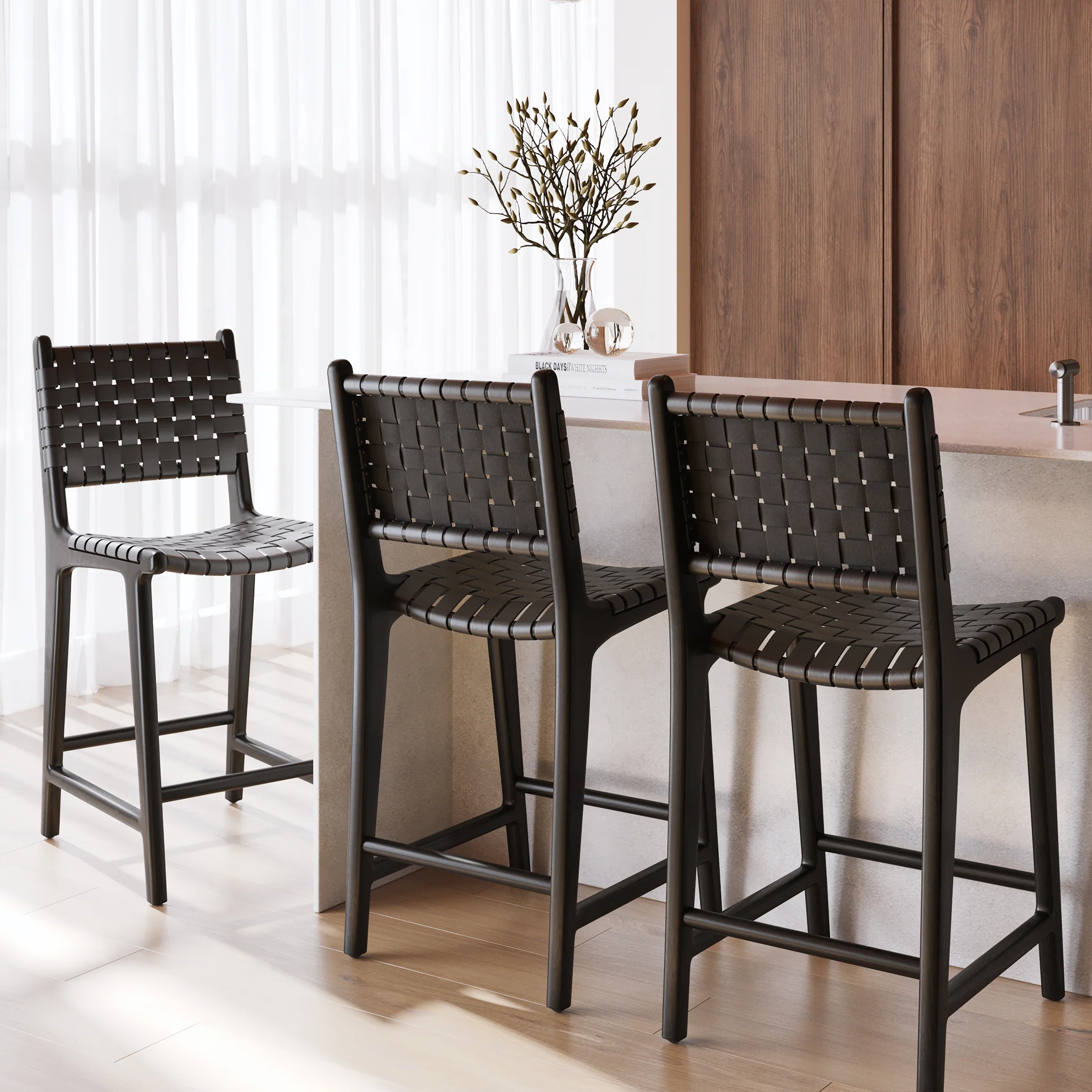 Banda Teak & Leather Counter Height Stool | Havana Black - Image 3