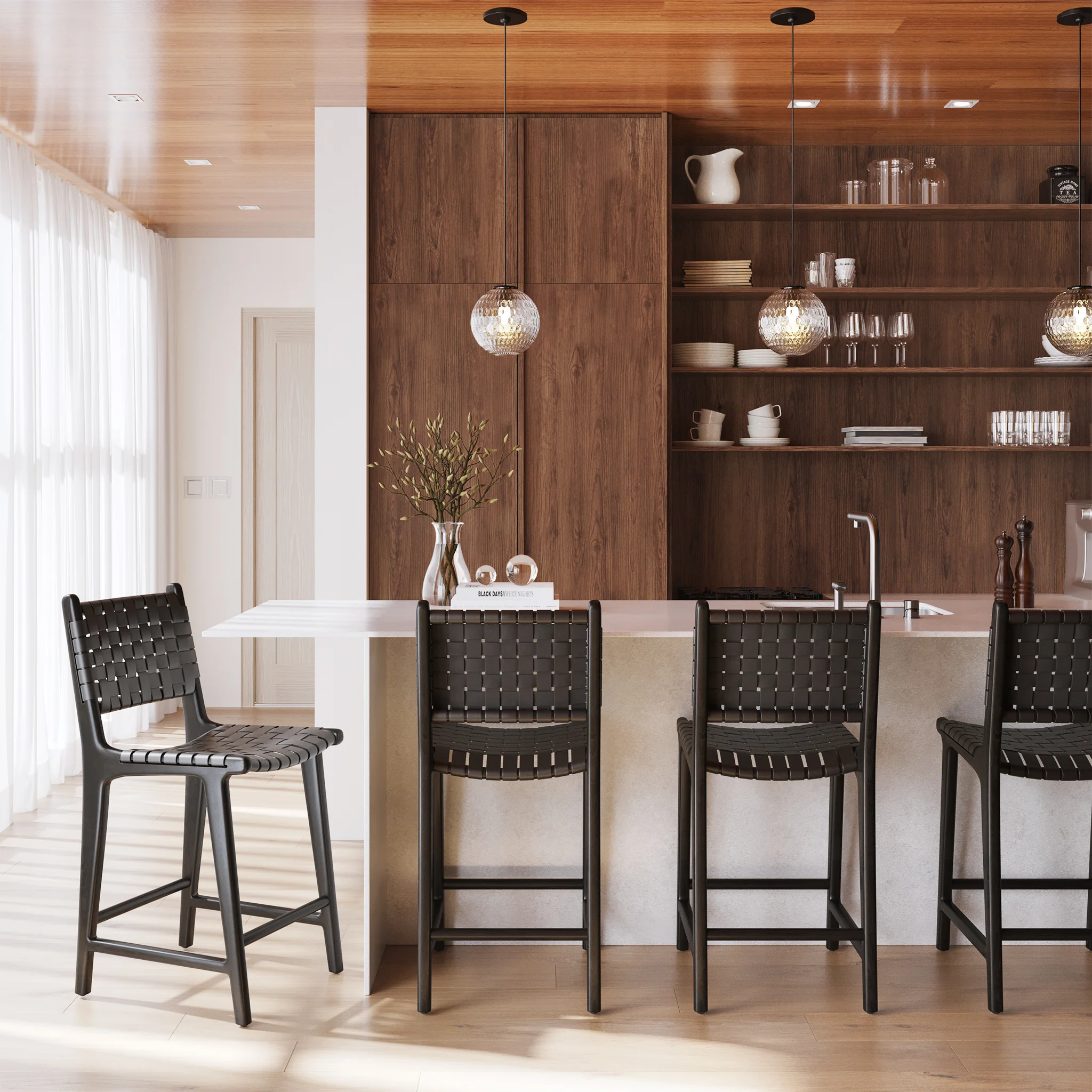 Banda Teak & Leather Counter Height Stool | Havana Black - Image 4