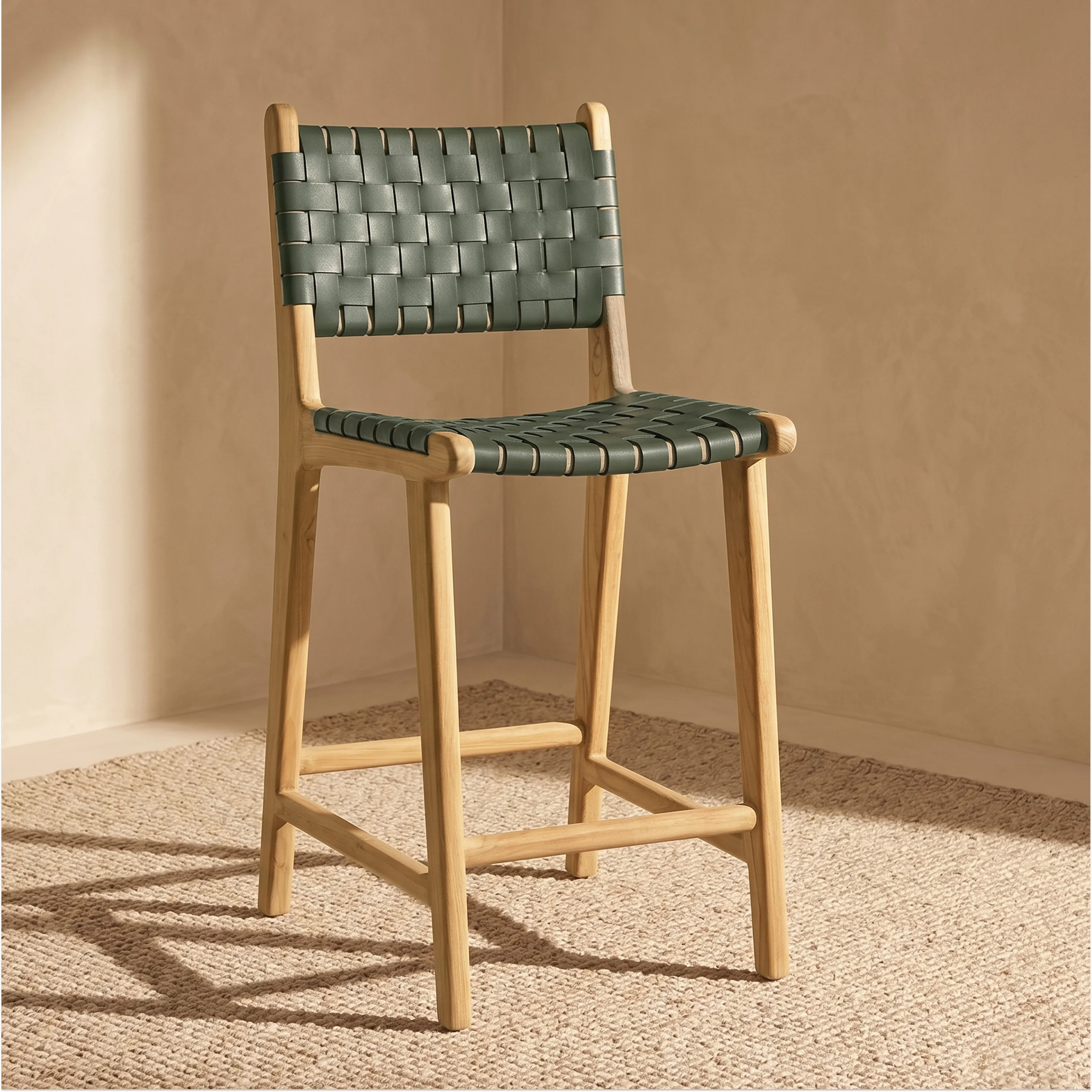 Banda Teak & Woven Leather Counter Height Stool | Hunter Green - Image 2