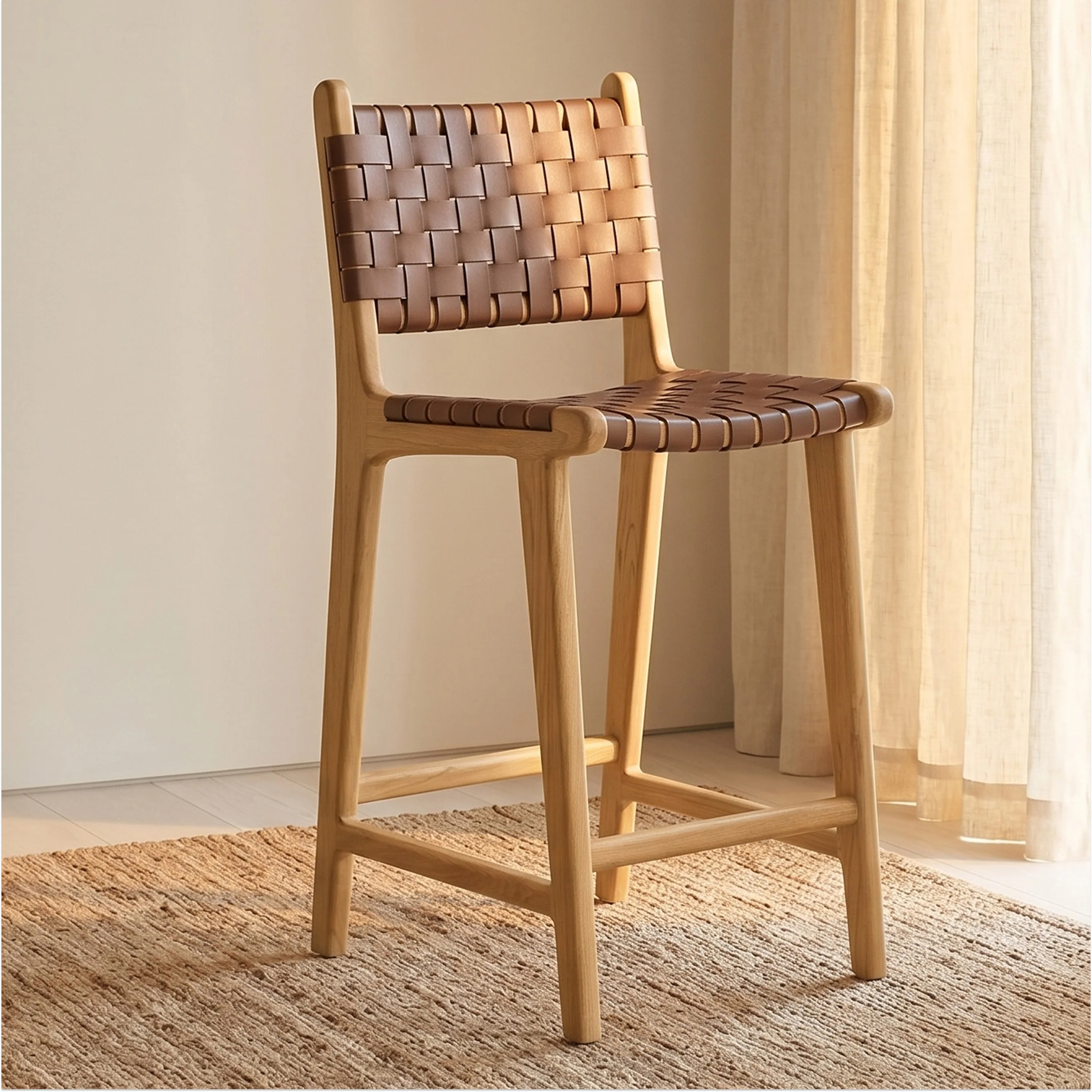 Banda Teak & Woven Leather Counter Height Stool | Molten Brown - Image 2