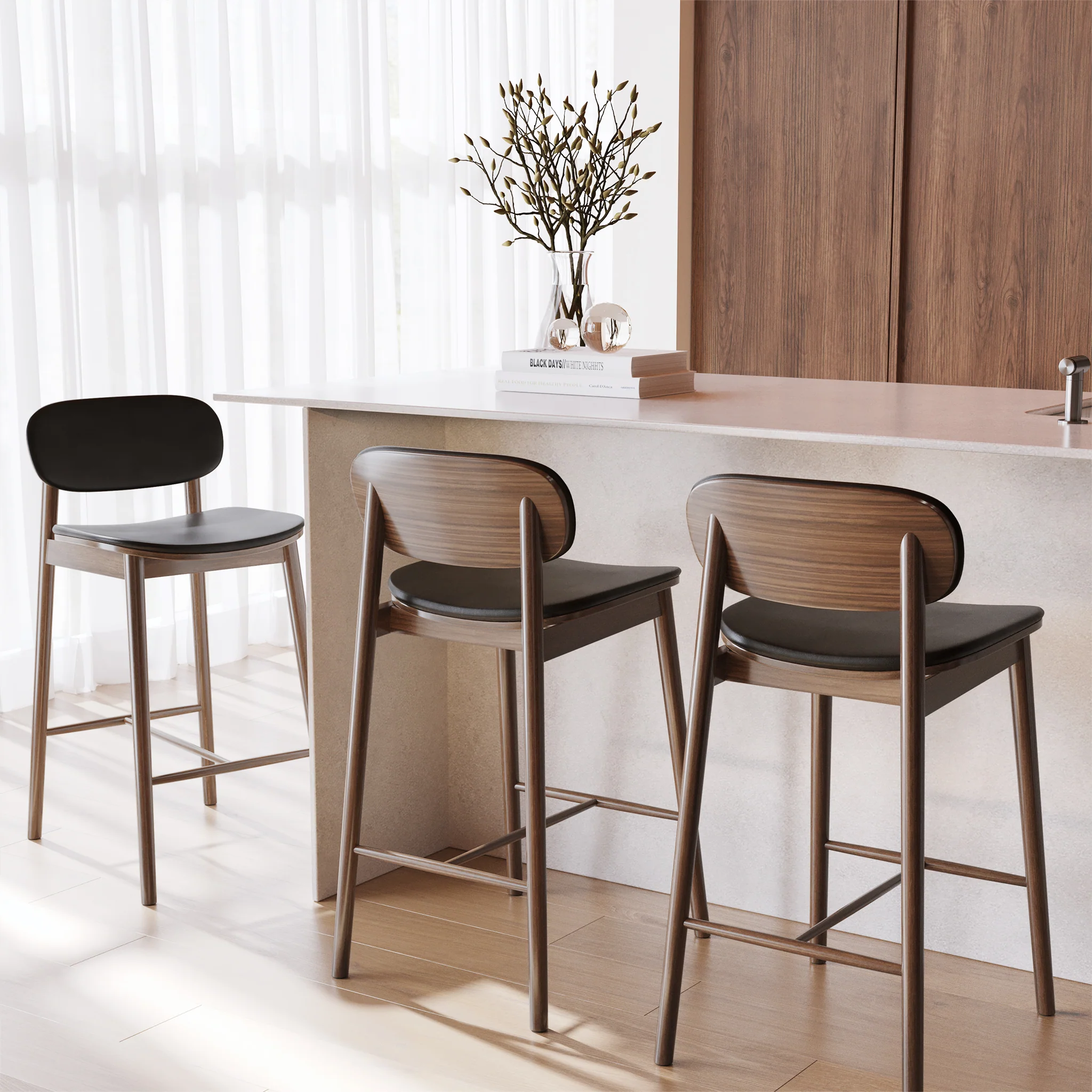 Bonato Leather Counter Stool | Black/Walnut - Image 2