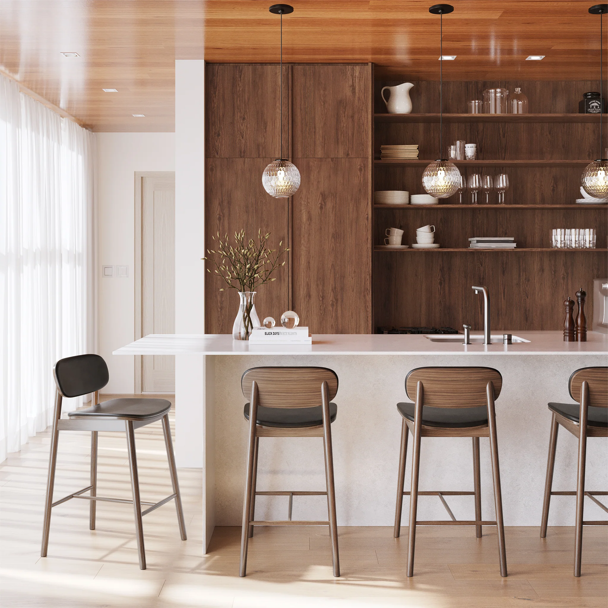 Bonato Leather Counter Stool | Black/Walnut - Image 3