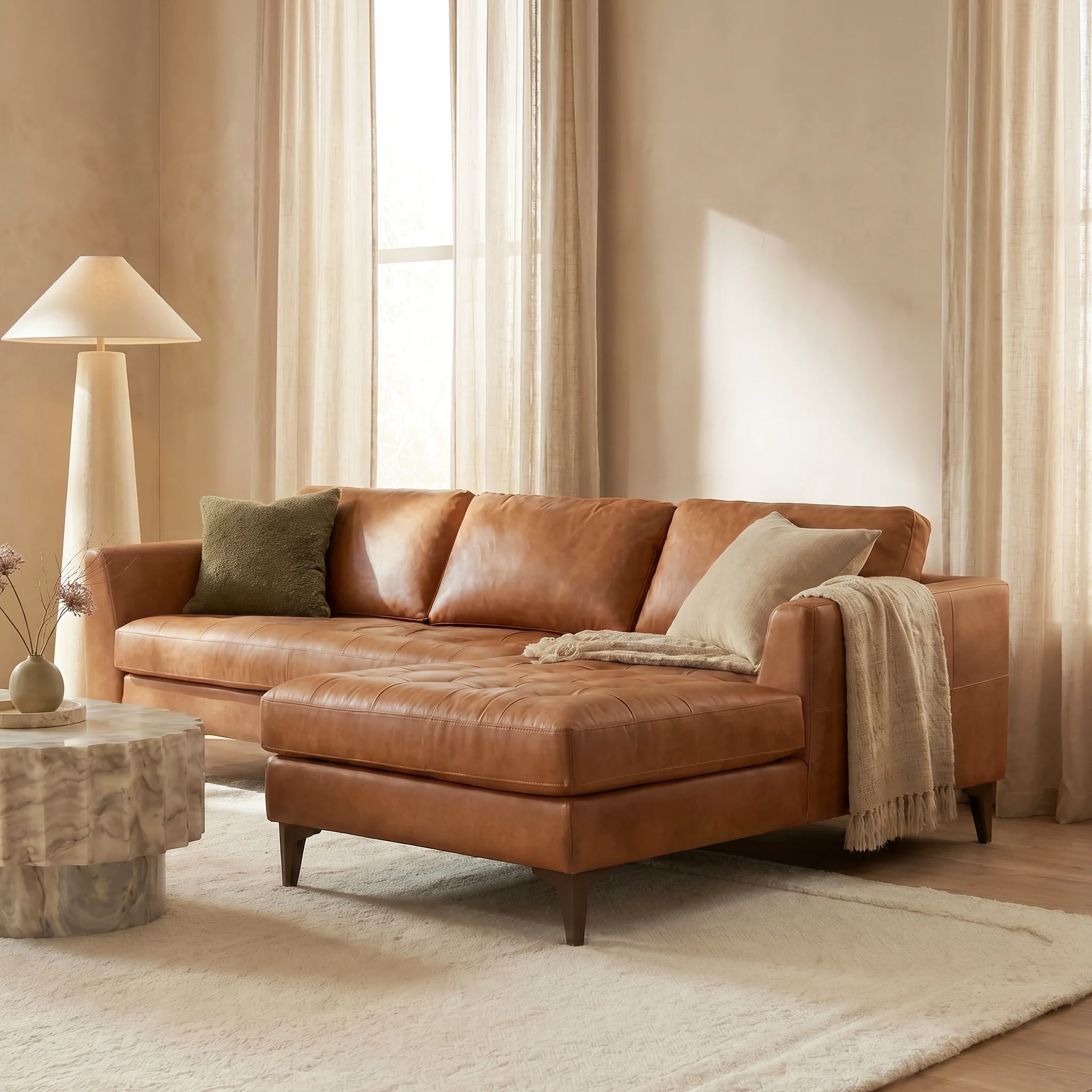 Calle 114" Leather Right-Facing Sectional Sofa | Cognac Tan - Image 5
