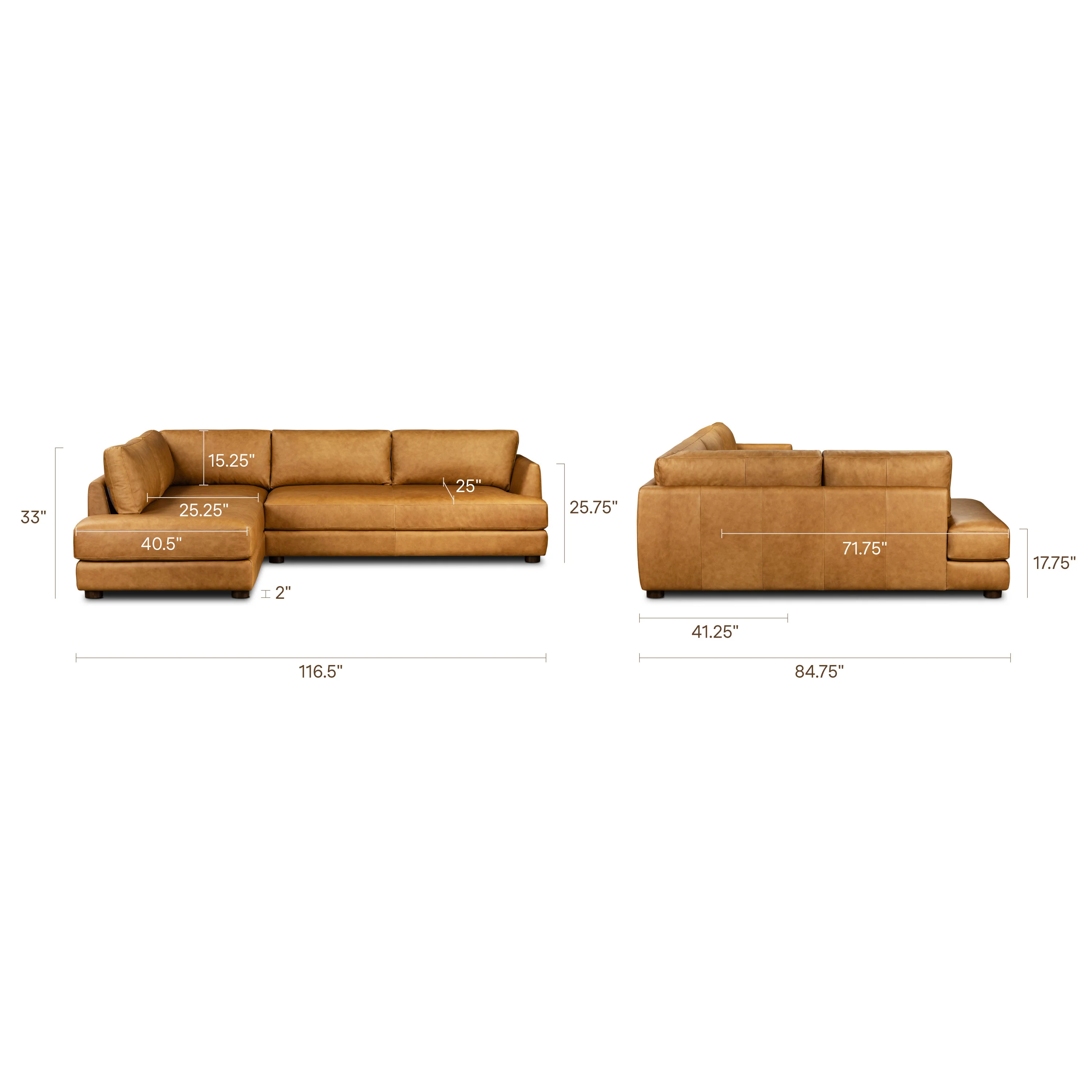 Catania 116.5" Leather Left-Facing Bumper Sectional Sofa | Cognac Tan - Image 18