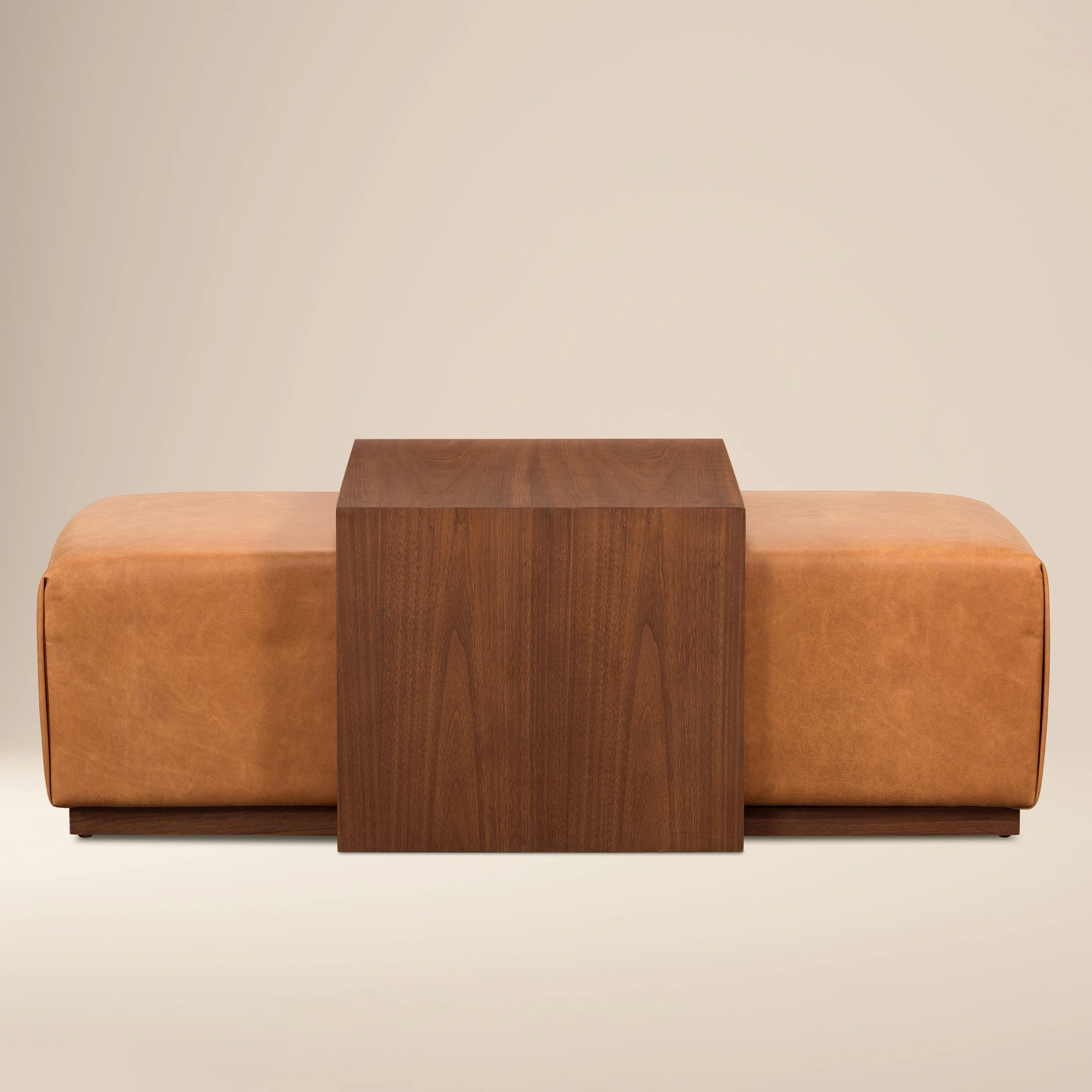Jarmo Leather Ottoman with Walnut Table | Saddle Tan