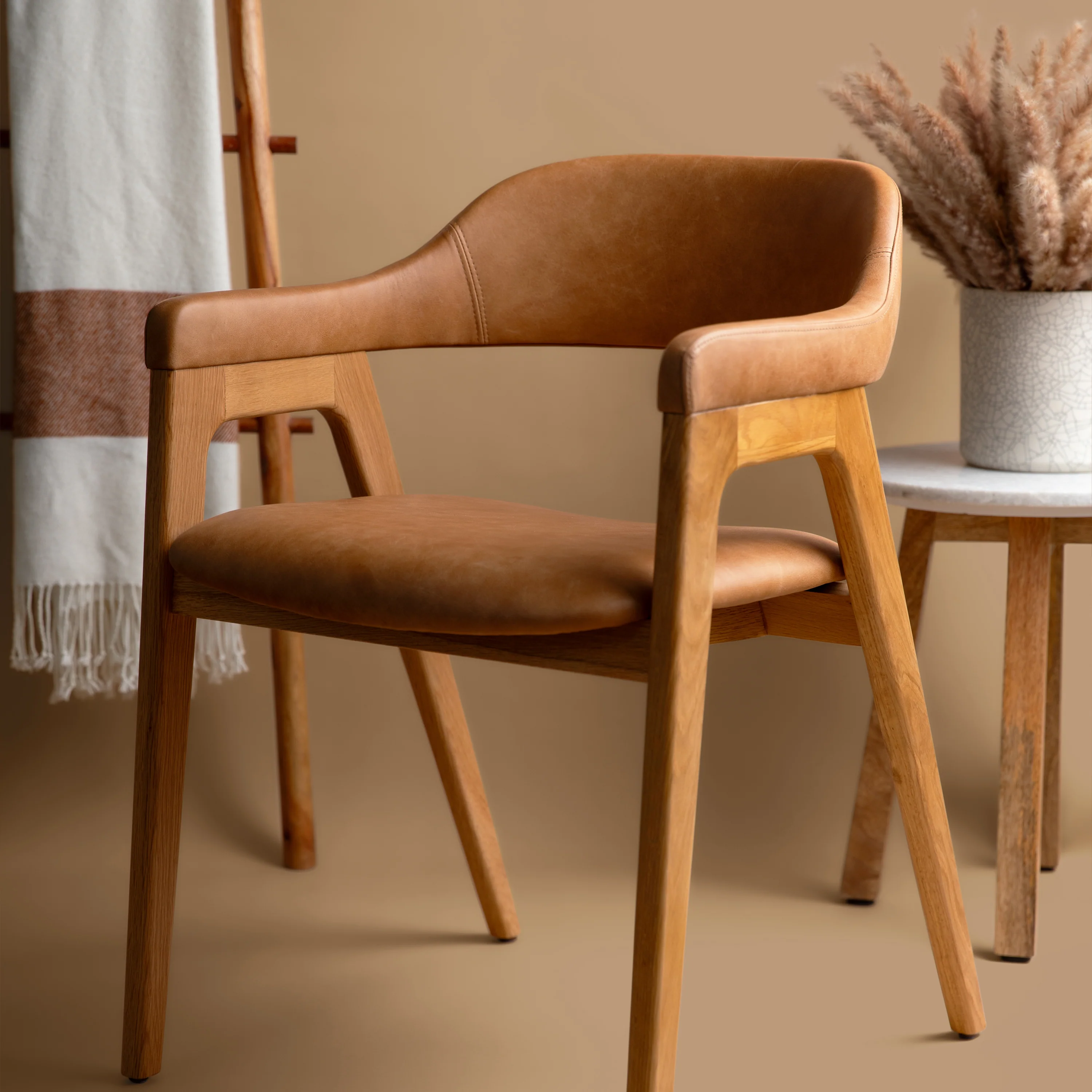 Lando Leather Dining Chair | Caramel Tan/Oak - Image 2