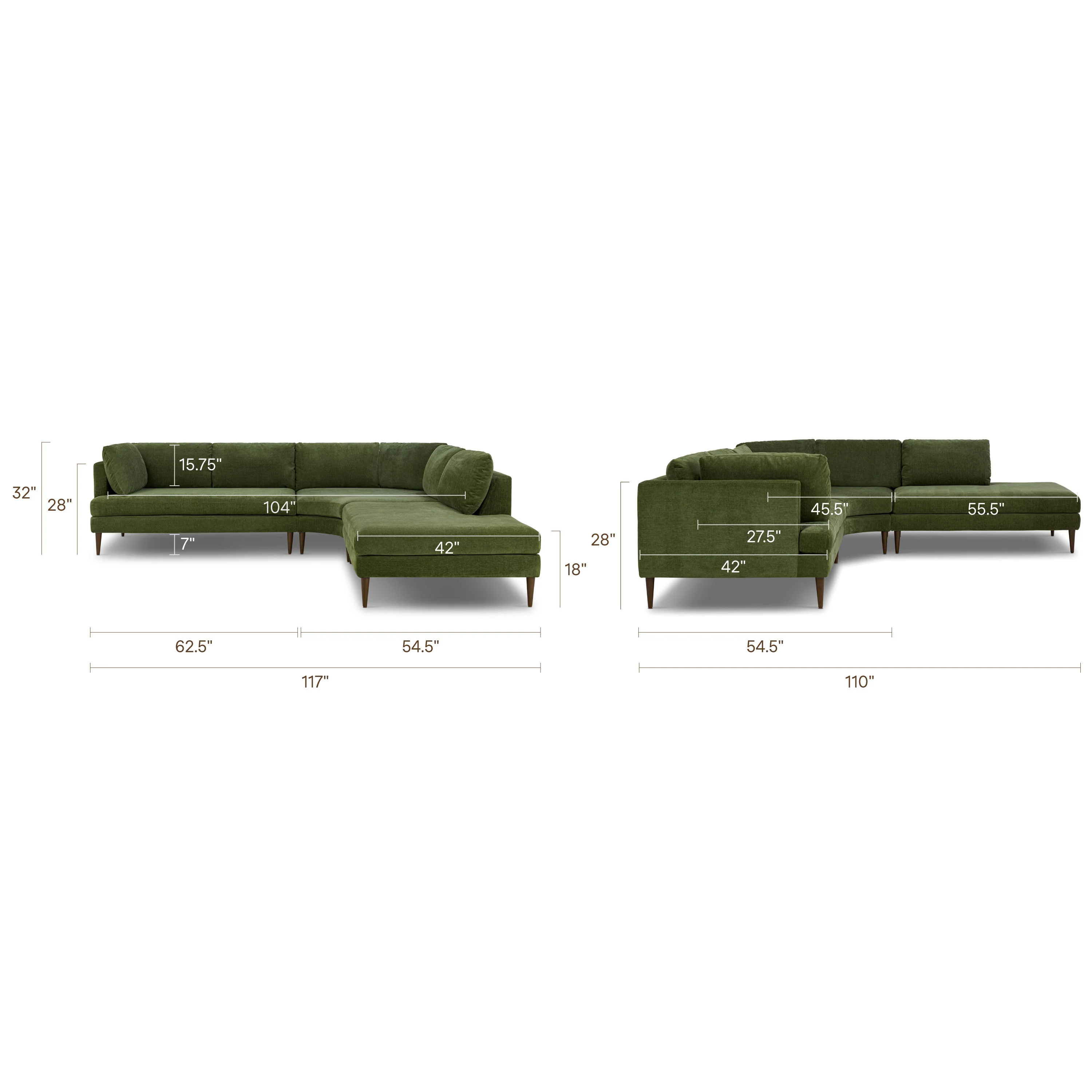 Lucerne Right-Facing Bumper Chaise Sectional | Distressed Green Velvet - Image 17
