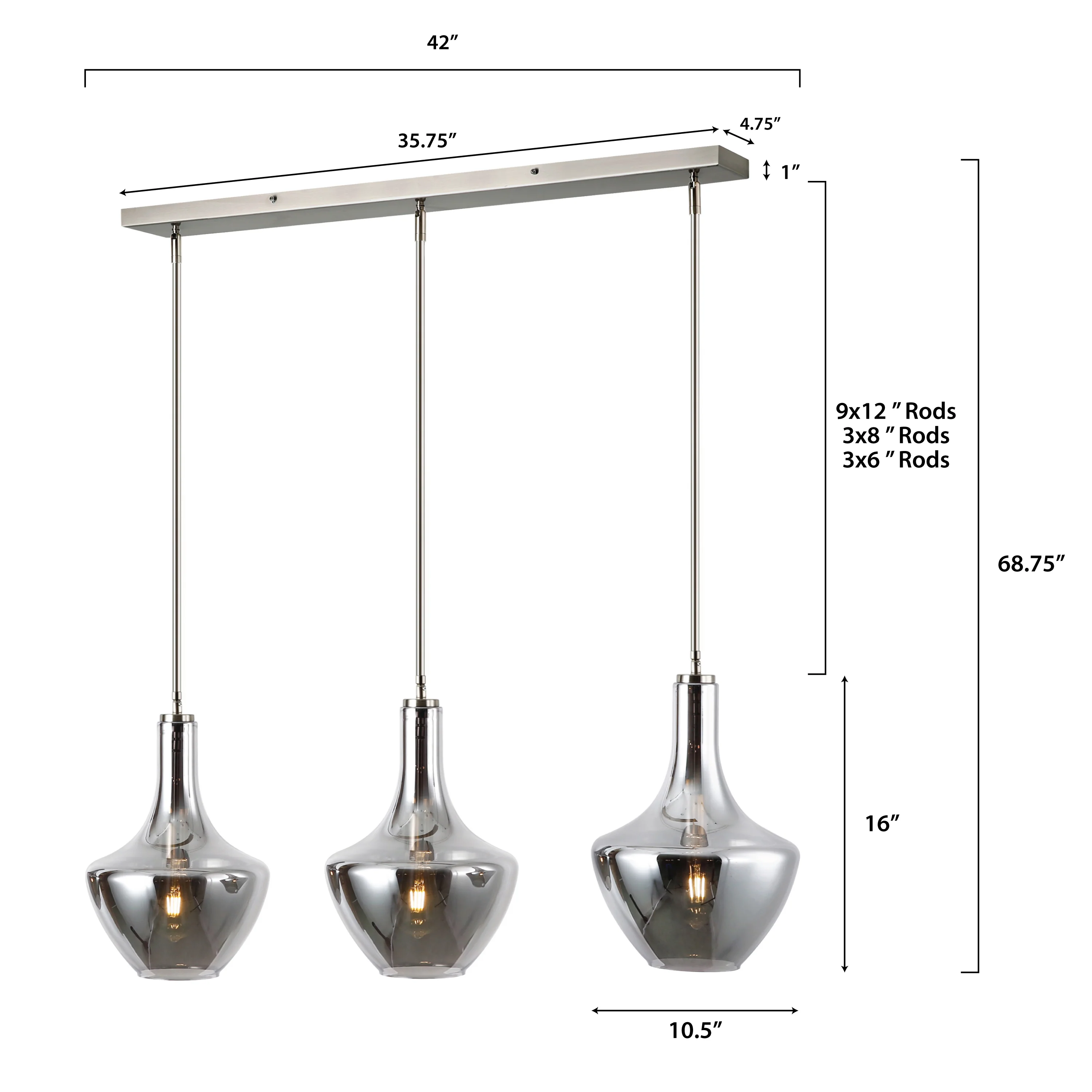 Modena 3-Light Island Light | Satin Nickel/Smokey - Image 15