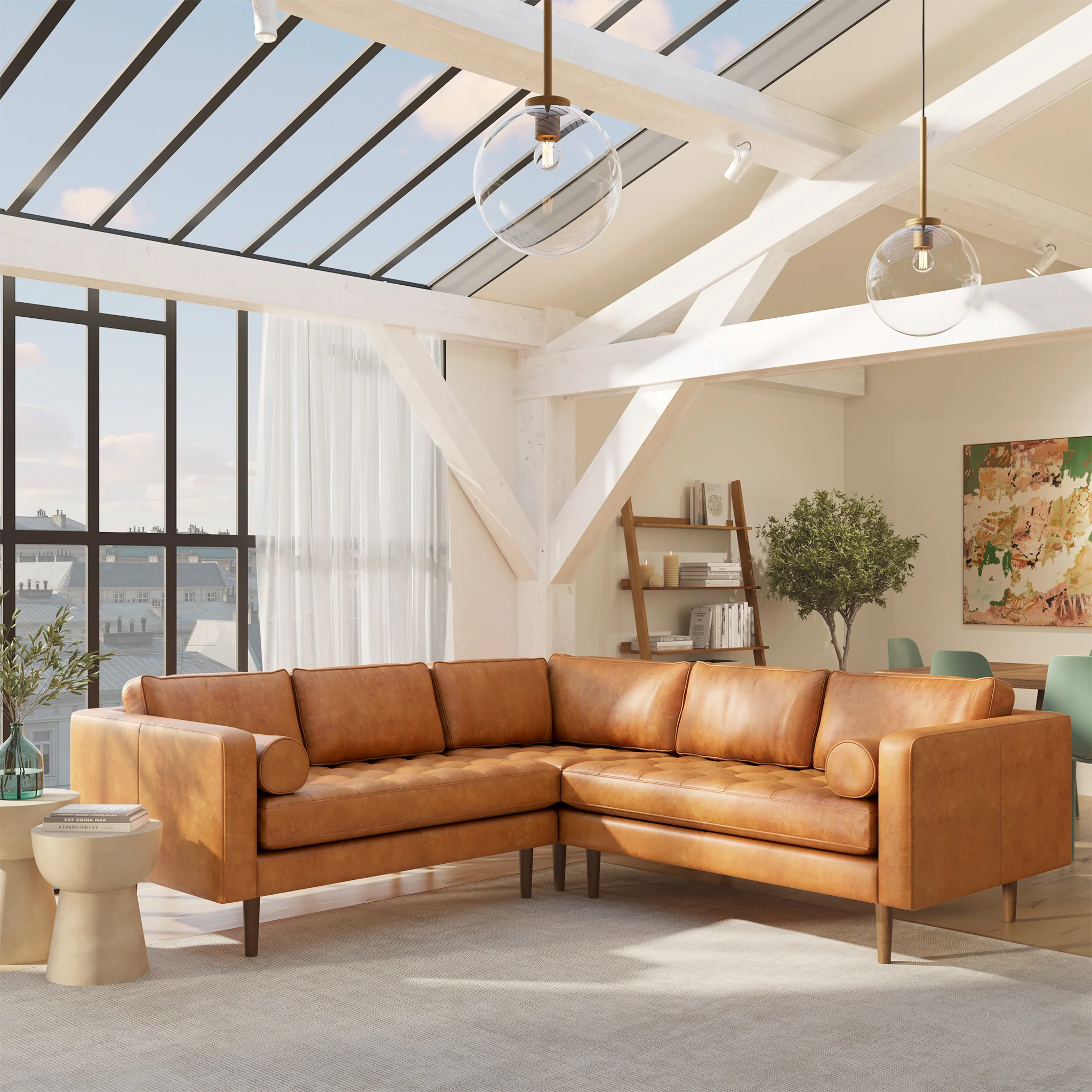Napa 98" Leather L-Shaped Corner Sectional Sofa | Cognac Tan - Image 2