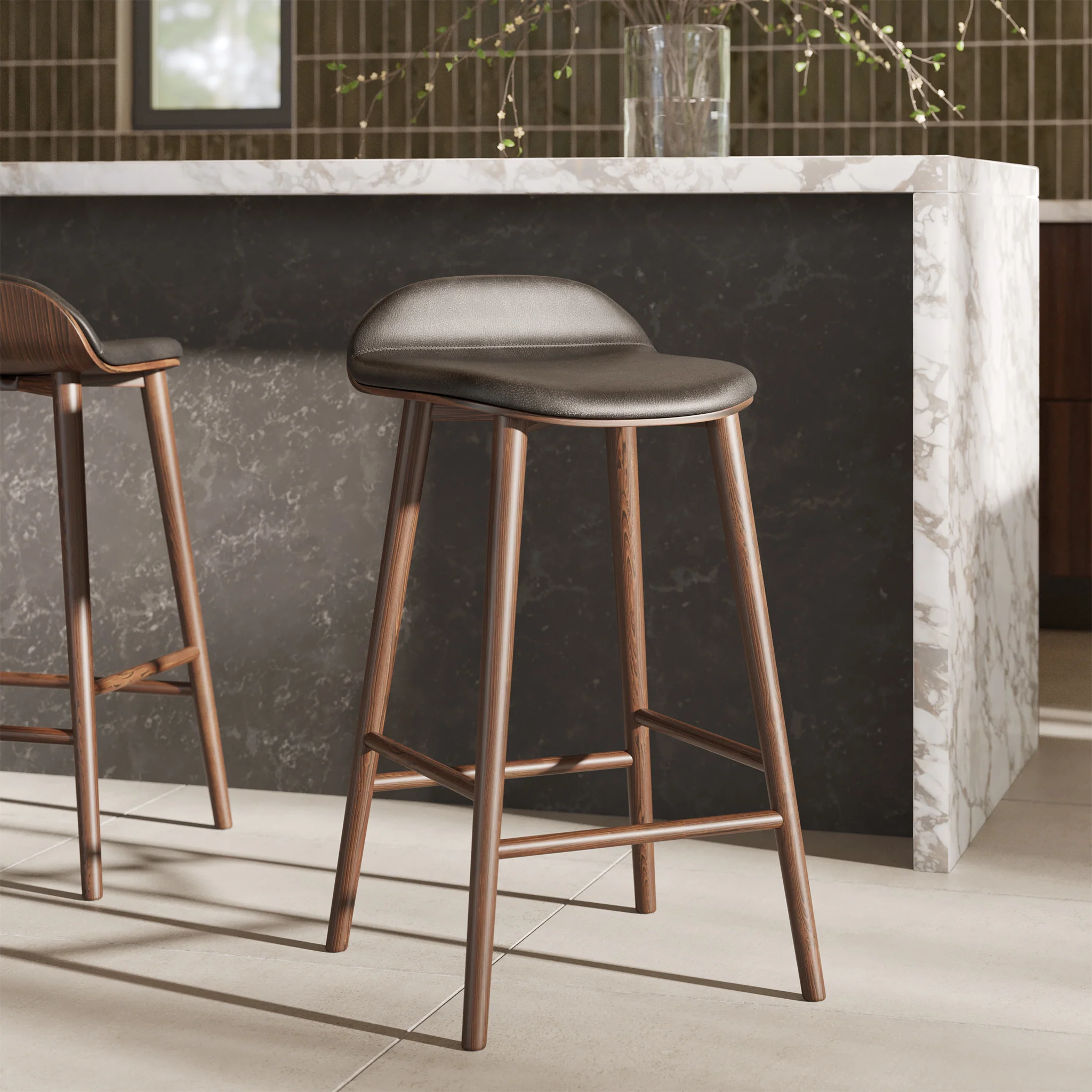 Notello Leather Counter Stool | Black/Walnut - Image 2