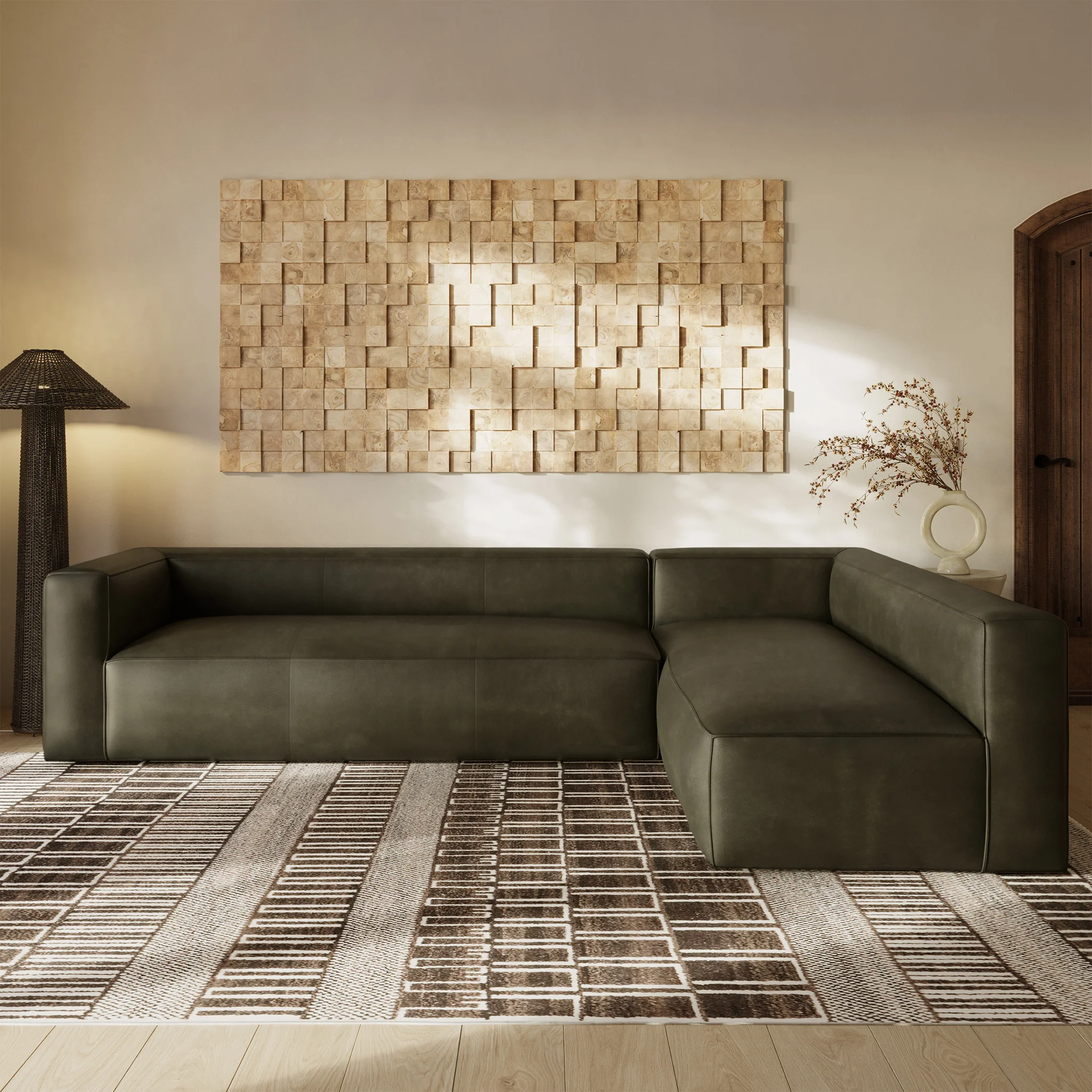 Piazza 123.5" Leather L-Shaped Corner Sectional Sofa | Olivine Green - Image 2