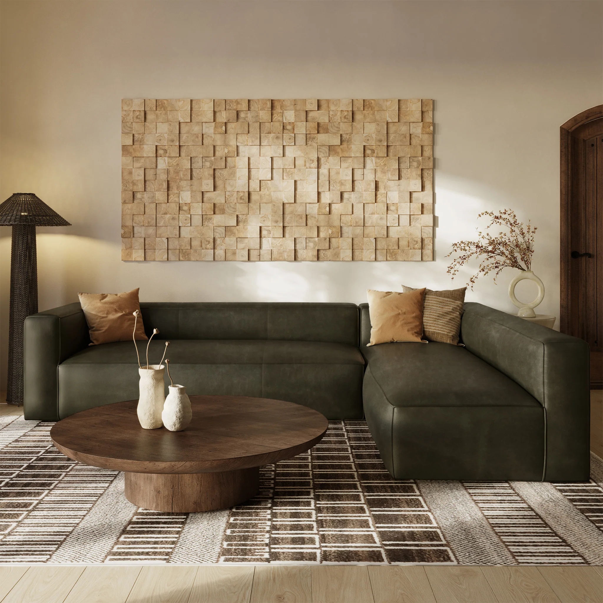 Piazza 123.5" Leather L-Shaped Corner Sectional Sofa | Olivine Green - Image 3