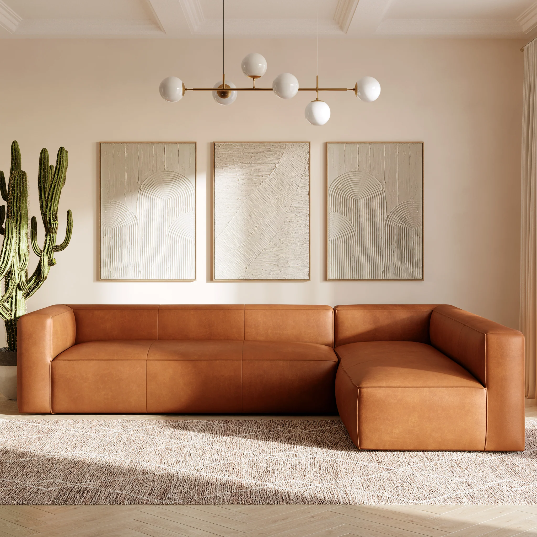 Piazza 123.5" Leather L-Shaped Corner Sectional Sofa | Saddle Tan - Image 2