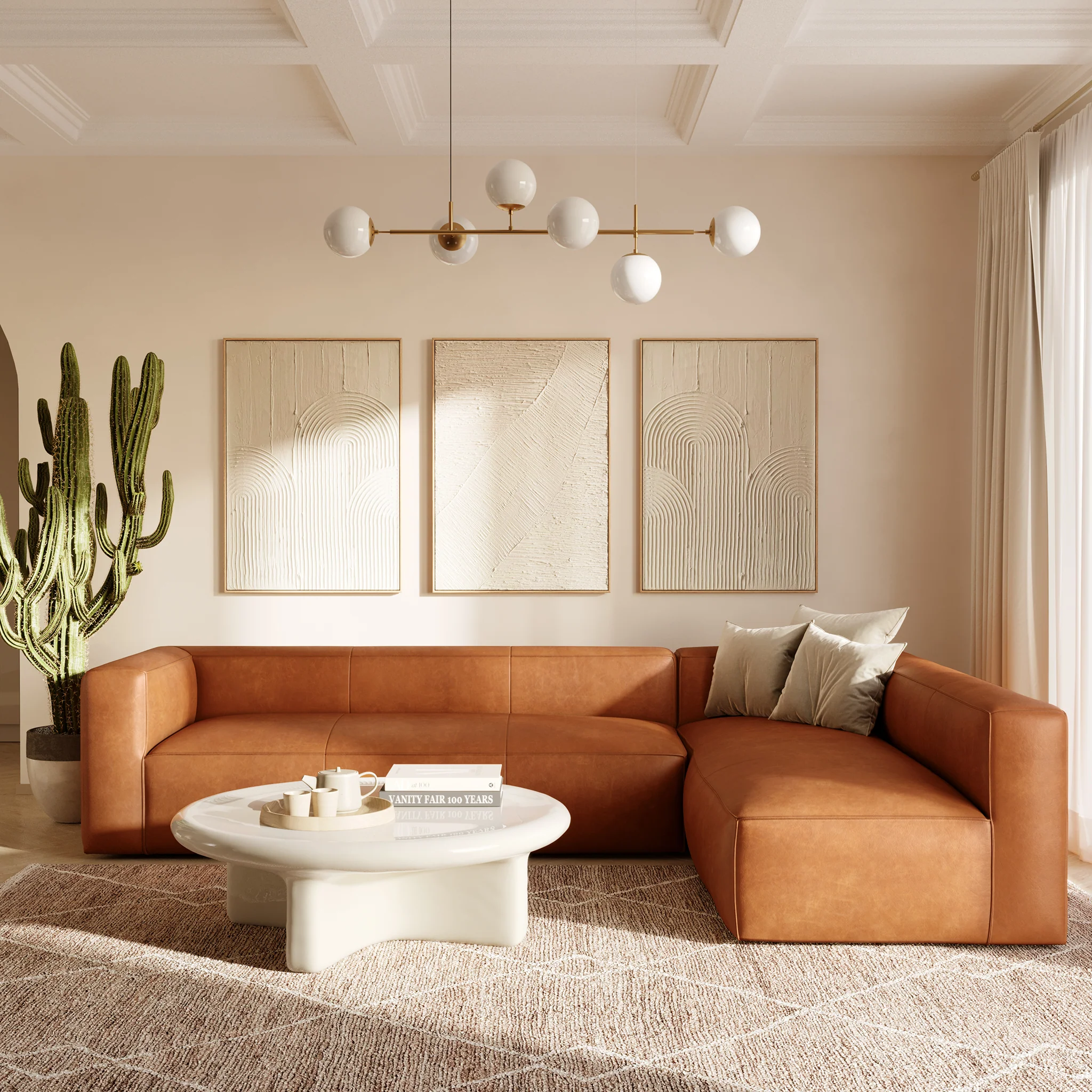 Piazza 123.5" Leather L-Shaped Corner Sectional Sofa | Saddle Tan - Image 3