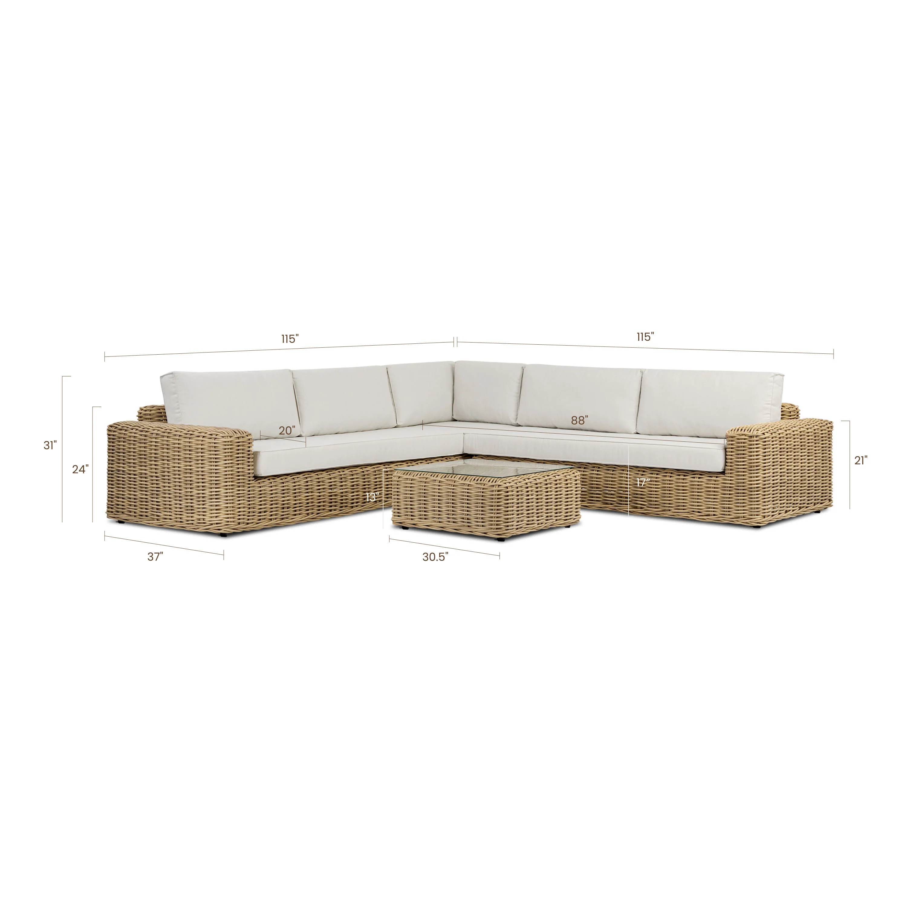 Puglia 115" Corner Sectional Set with Coffee Table | Sand - Image 14