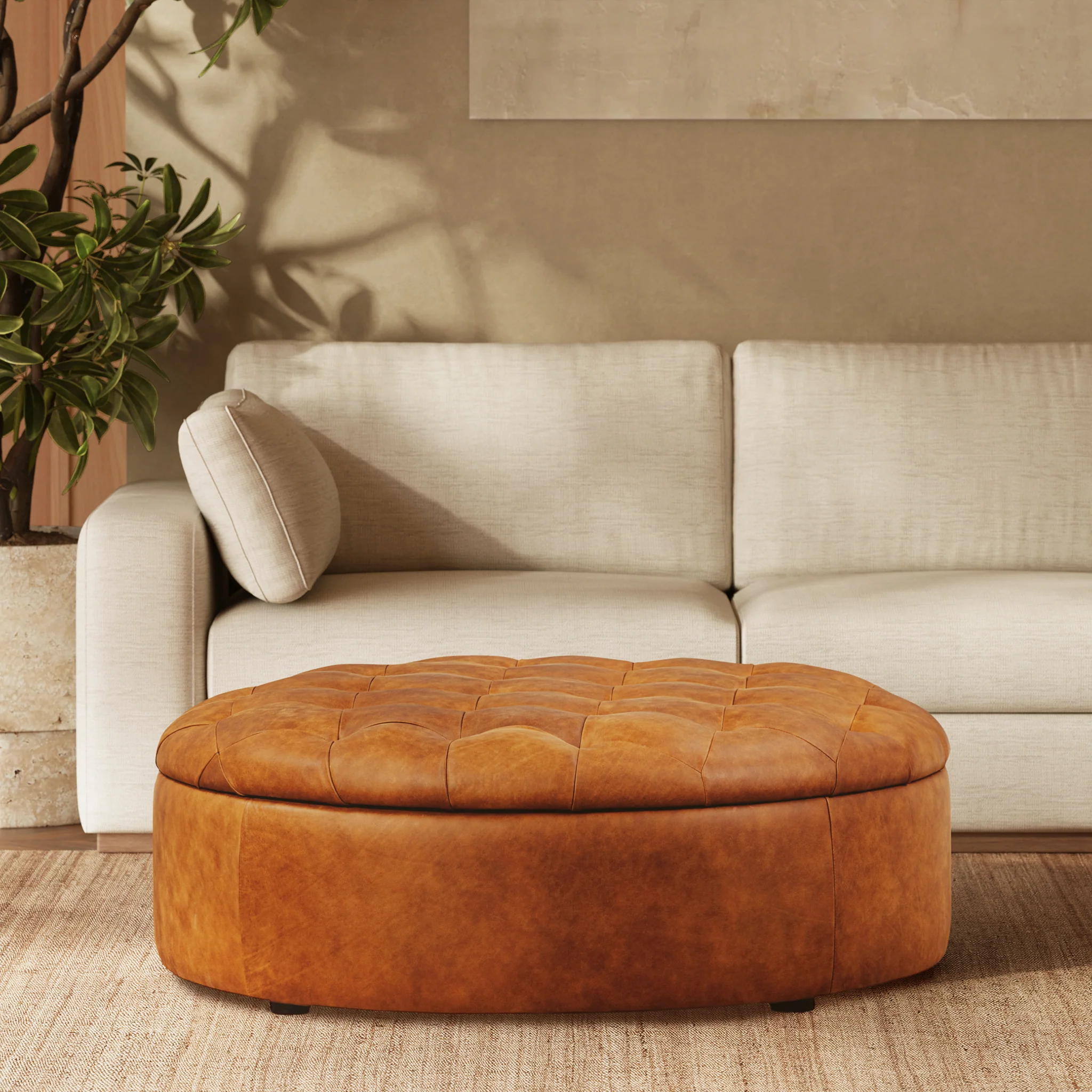 Zahra Leather Storage Ottoman | Russet Tan - Image 2