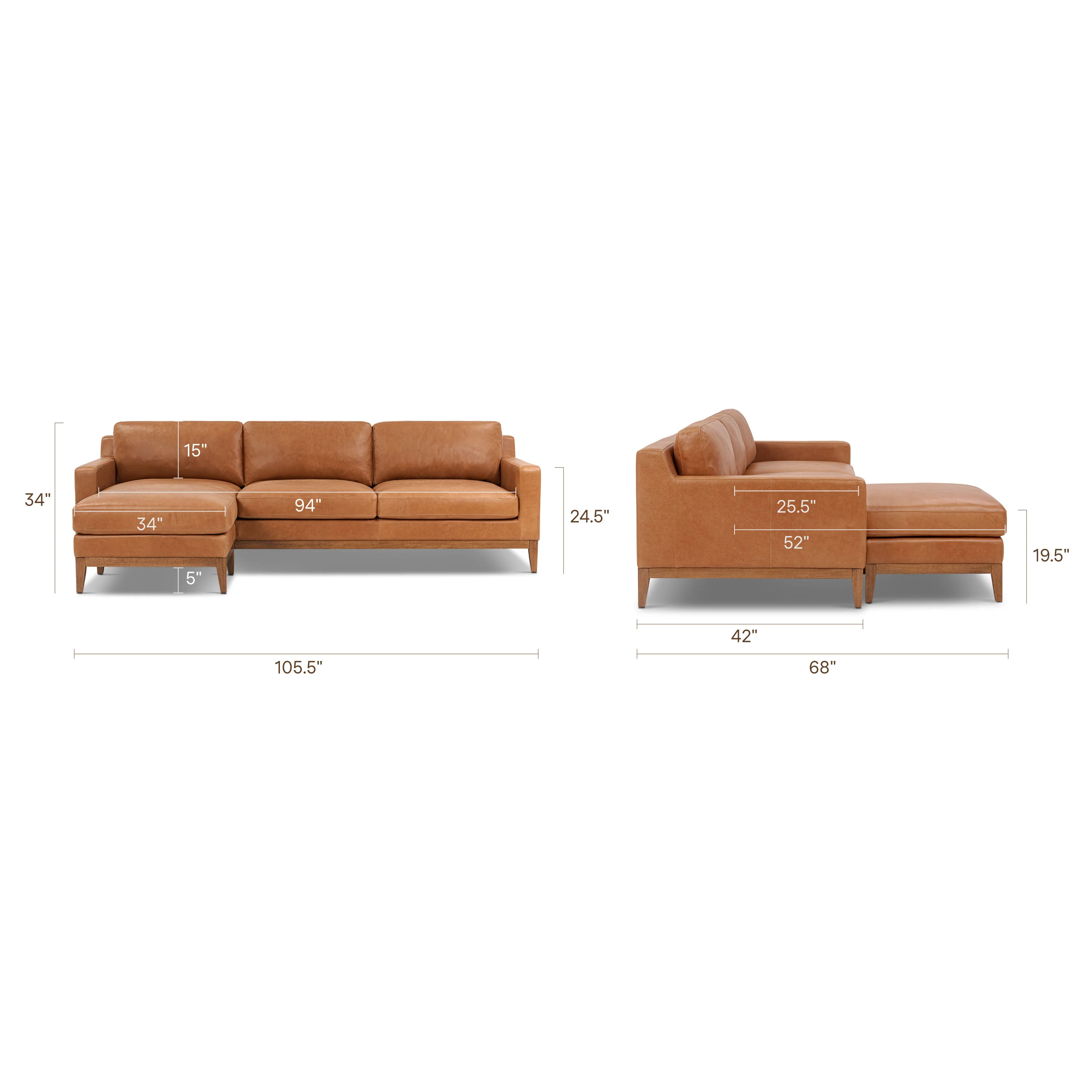 Zyon 105.5" Leather Reversible Chaise Sectional Sofa | Saddle Tan - Image 20