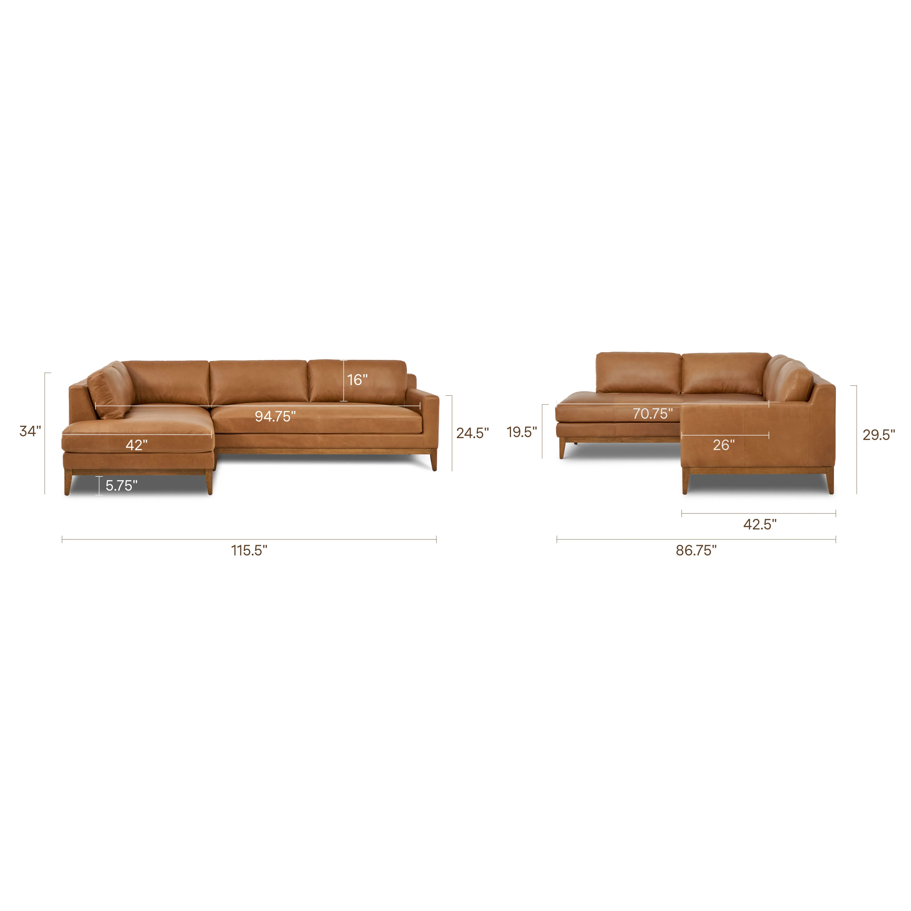 Zyon 115.5" Leather Left-Facing Bumper Chaise Sectional Sofa | Saddle Tan - Image 24