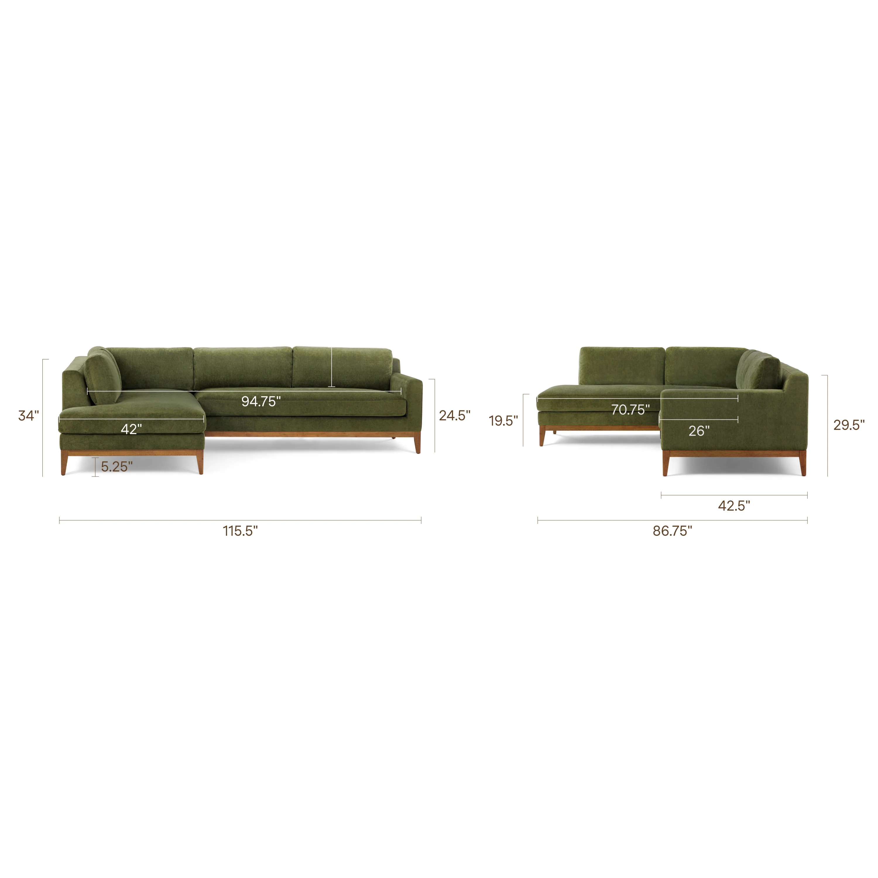 Zyon Left-Facing Bumper Chaise Sectional | Distressed Green Velvet - Image 26