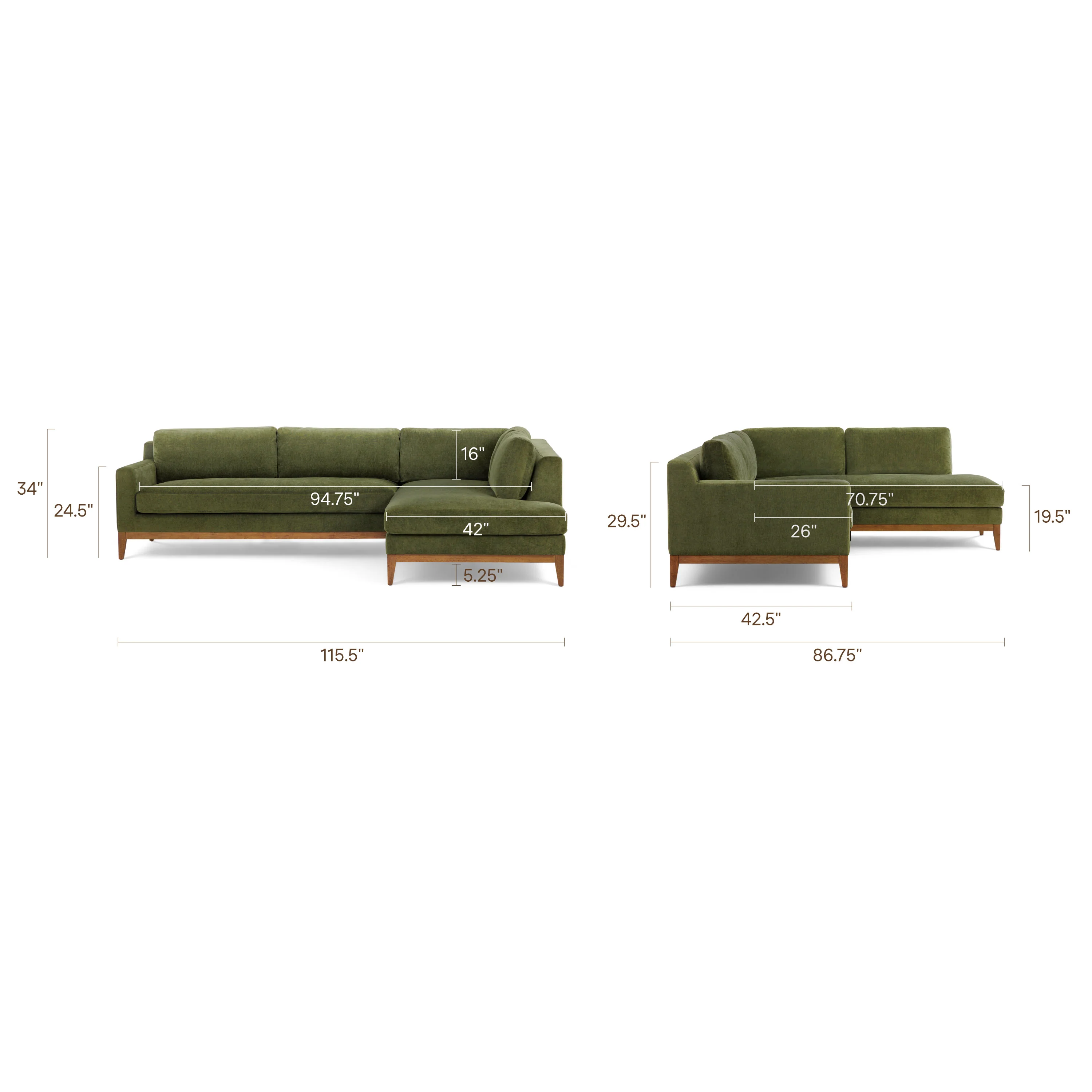 Zyon Right-Facing Bumper Chaise Sectional | Distressed Green Velvet - Image 24